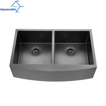 Aquacubic 33 Inch Double Hole CUPC Handmade Stainless Steel PVD Nano Farmhouse Apron Front Kitchen Sink